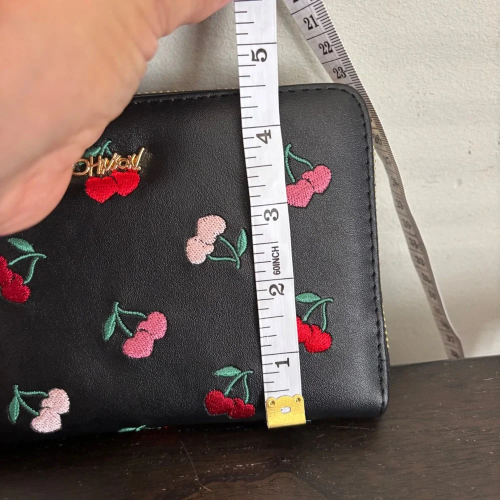 Betsey Johnson Cherry Embroidered Wallet, Black Faux Leather, NEW WITH TAGS